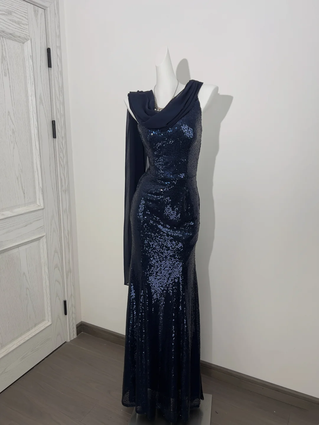 Navy Blue Sequin One-Shoulder Waist-Cinched Elegant Prom Gown, Evening Formal Dress gh7234