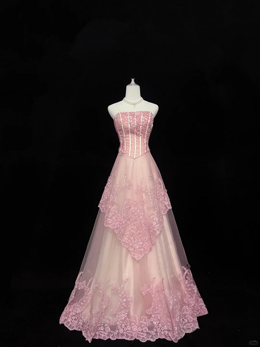 Blush Pink Strapless, Cinched Waist, Slim Fit Sexy Elegant Long Romantic Dress, Wedding Gown gh8049