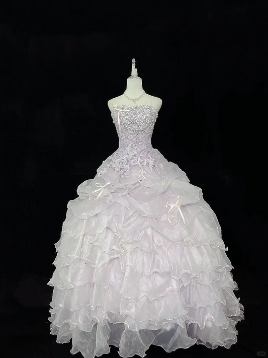 Lavender Ombre Strapless Rhinestone Cinched Waist Voluminous Skirt Long Romantic Dress, Wedding Gown gh7953