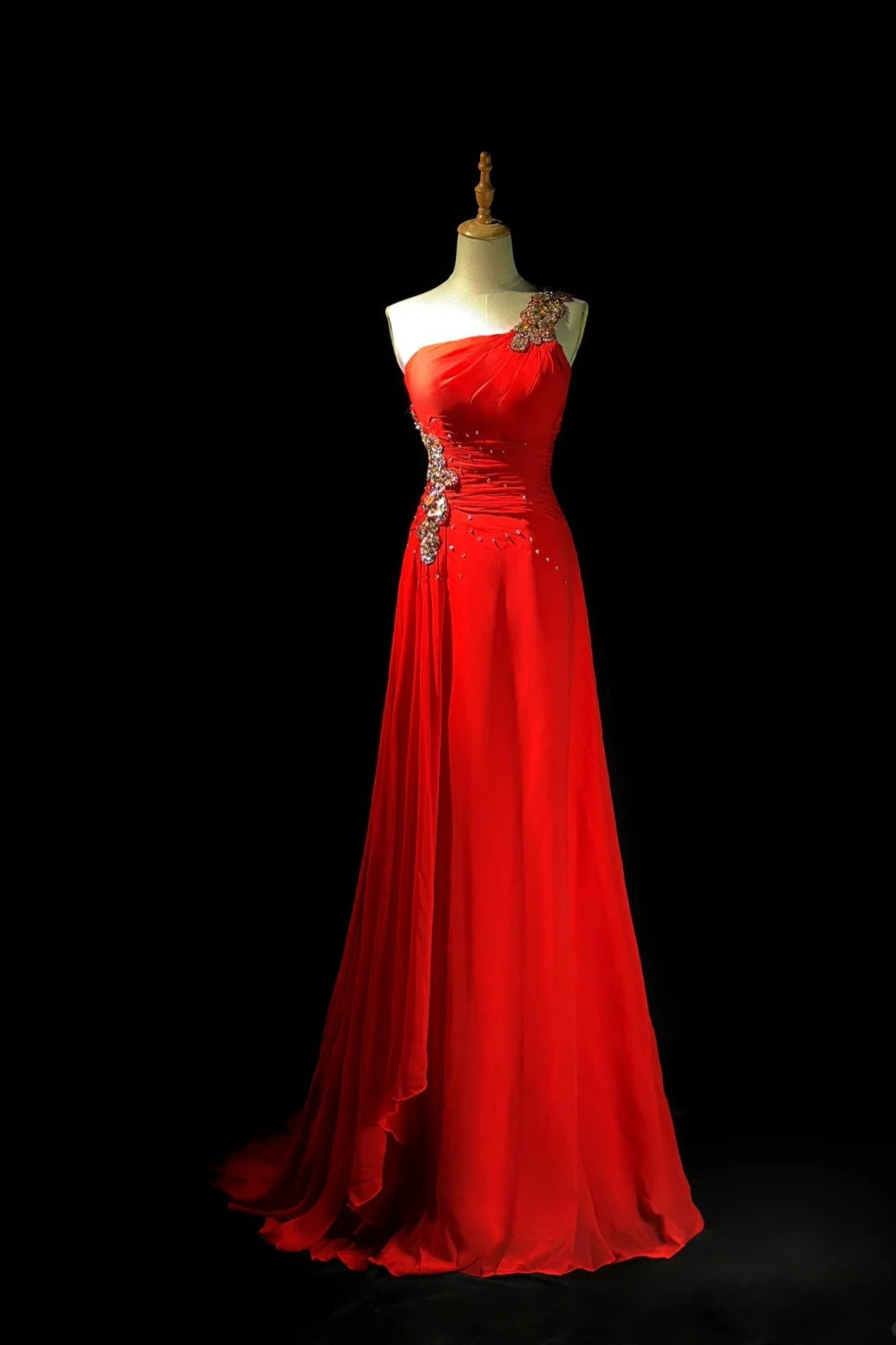 girlhomeshops-Glamorous Shiny Red Crystal One Shoulder Prom Dress gh5849