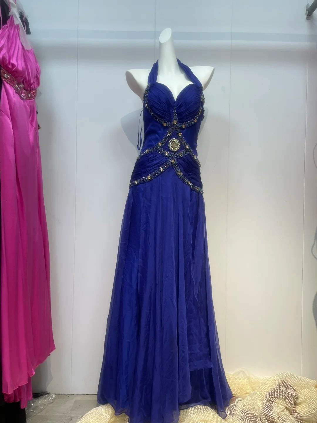 Robe de soirée longue en satin bleu avec strass, élégante et tendance, robe de bal, robe de fête d'anniversaire, gh4946