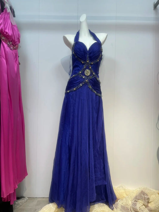 Robe de soirée longue en satin bleu avec strass, élégante et tendance, robe de bal, robe de fête d'anniversaire, gh4946