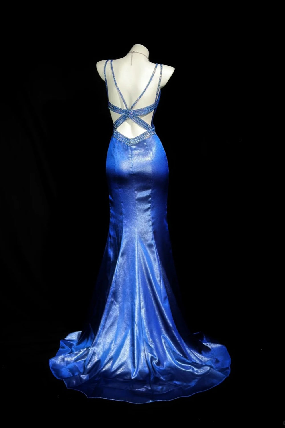 girlhomeshops-Exquisite Blue Cross - Back Rhinestone Evening Dress gh5847