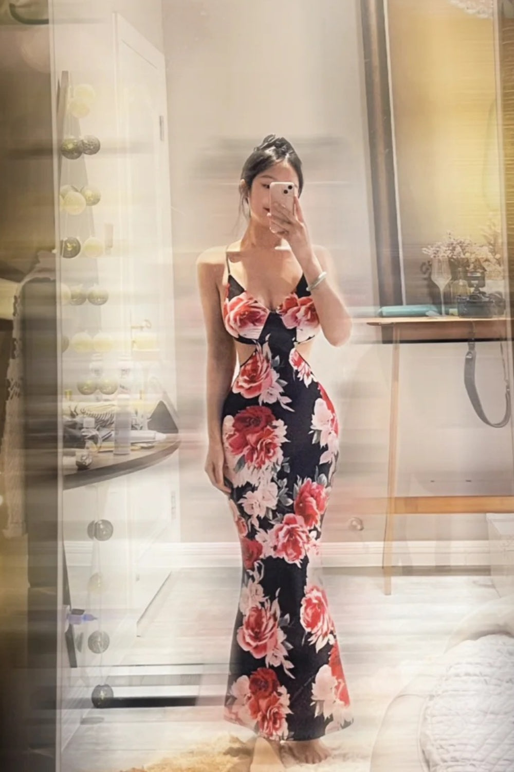 Sexy Retro Style  Ankle-Length Mermaid Deep V Cutout Red Rose Print Camisole Gown - Slim Dress for Dinner & Date Events gh6489
