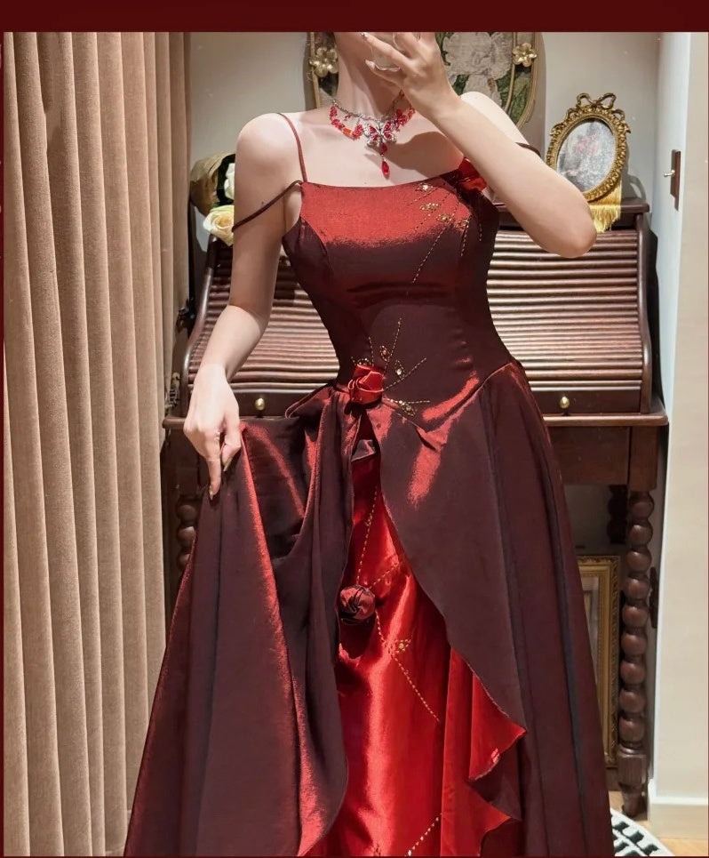 Burgundy Exquisite Beaded Long Floral Satin Tulle Ball Gown Evening Gown Graduation Gown gh4255