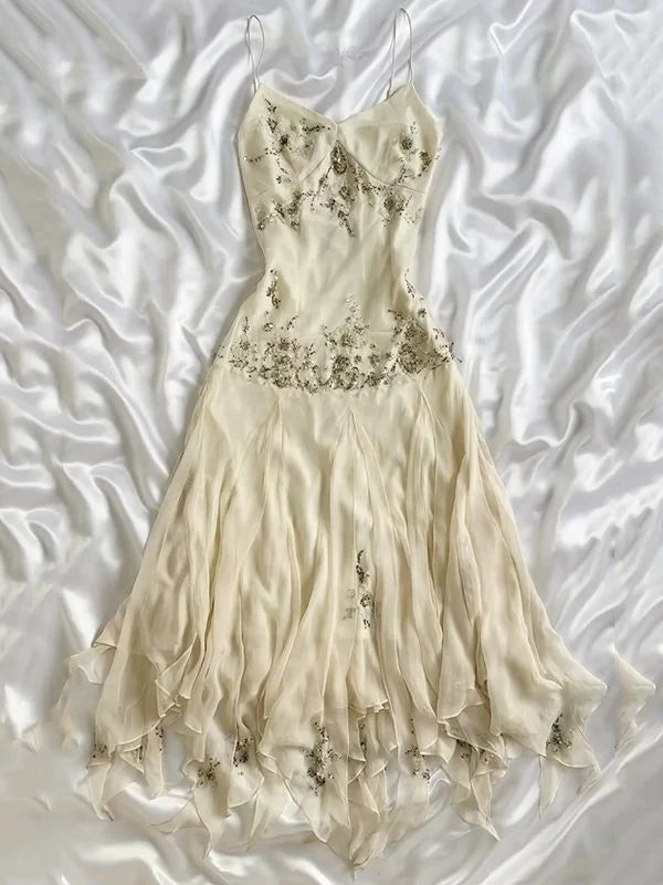 Elfenbein glänzend Mode elegant schön Exquisite Perlen lange Chiffon handgefertigt individuelle Ballkleid Abendkleid Partykleid Ballkleid gh3748