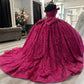 Robe de bal fuchsia à sequins épaules dénudées : tulle pailleté épais, décolleté en cœur, taille cintrée, robe de princesse pour banquet (gh6588)