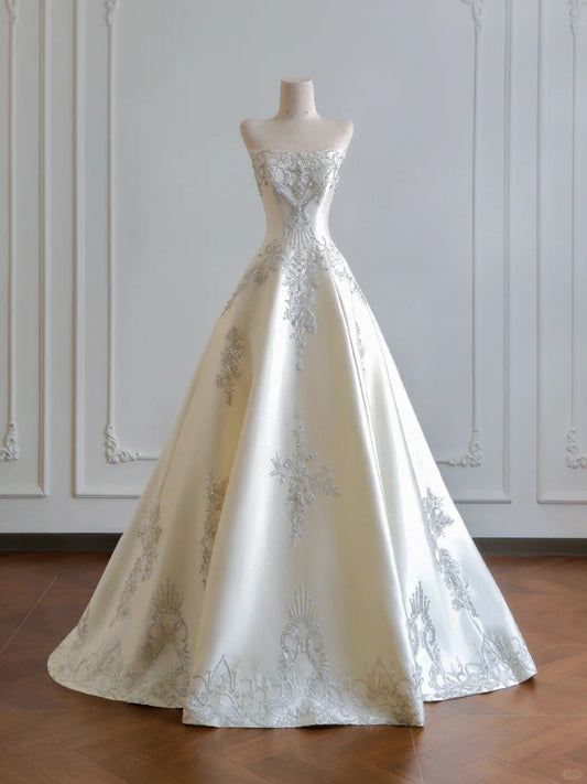Girlhomeshops--White exquisite beaded long satin prom wedding dress gh5482