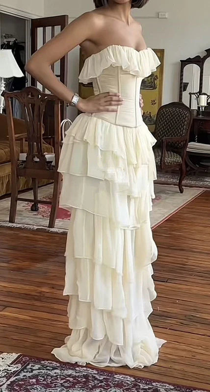 Ivory White Vintage Elegant Chiffon Ruffle Long Prom dresses Evening Dress Party Dress gh4884