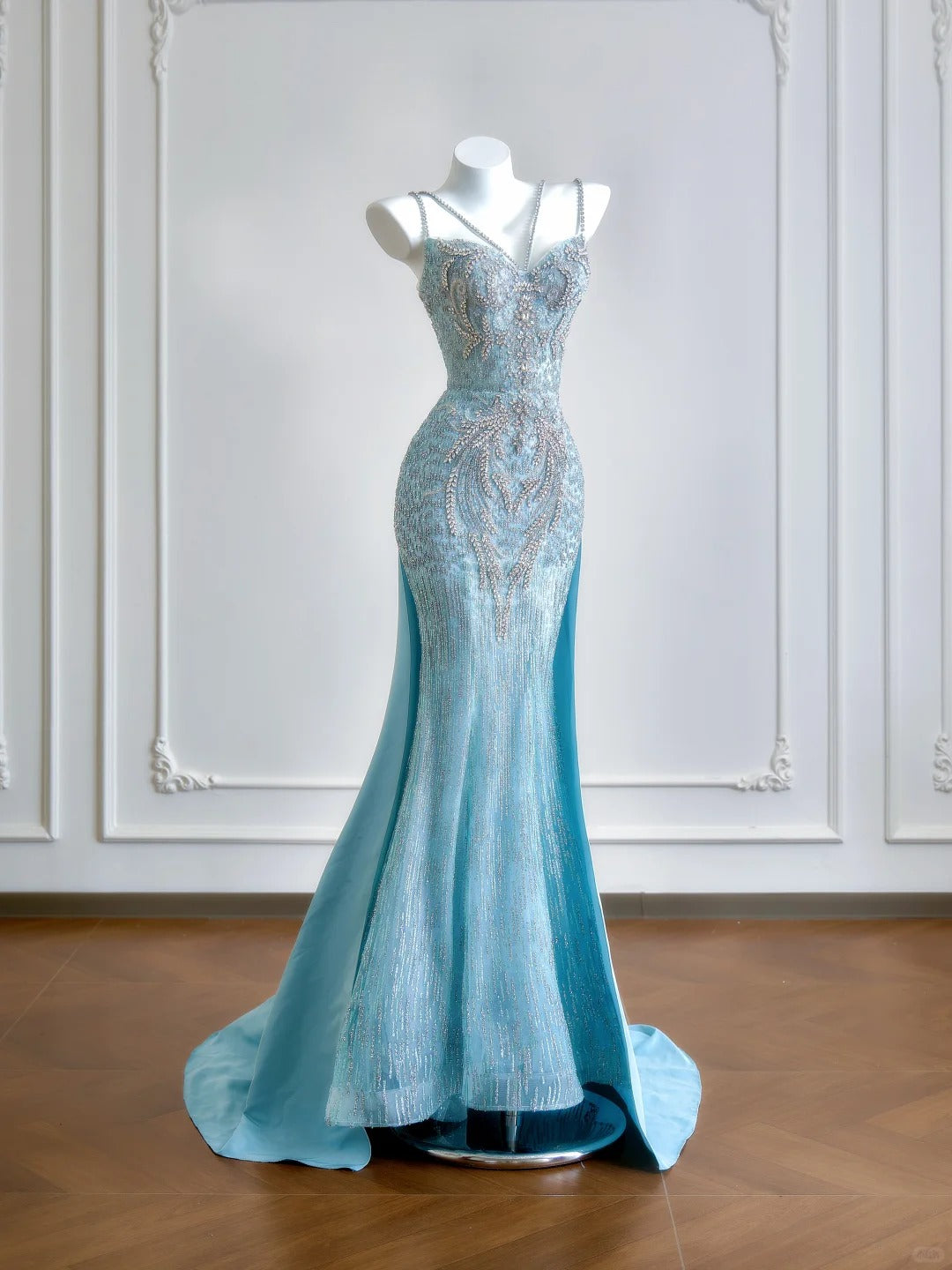 Girlhomeshops - Robe de bal longue en tulle bleu aqua avec perles et queue de sirène gh5484