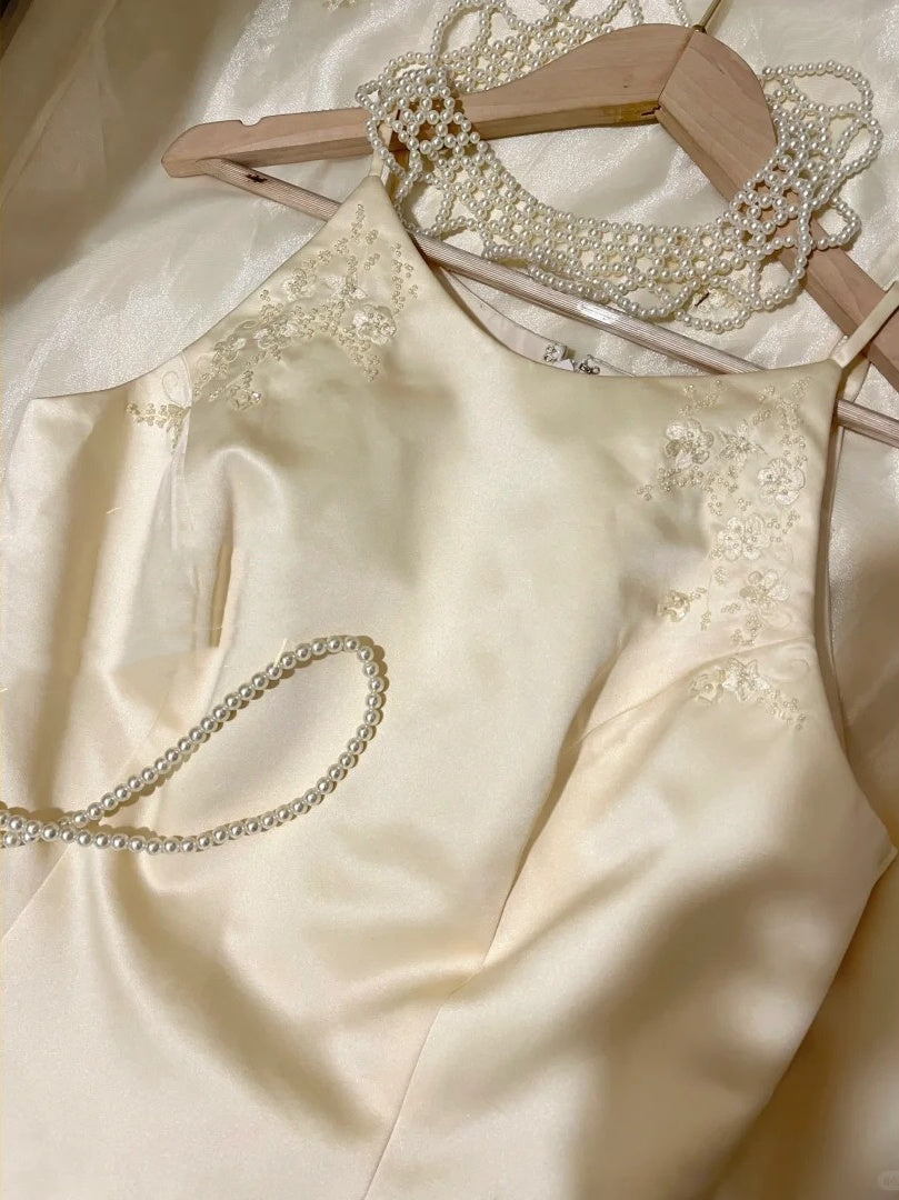 Robe de soirée longue en mousseline de soie à fleurs jaunes, robe de soirée, robe de remise de diplôme, ensemble deux pièces gh4506