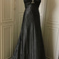 ✨🖤Robe de soirée longue en satin à col en V profond et perles noires, style cygne noir vintage Downton Abbey gh4390