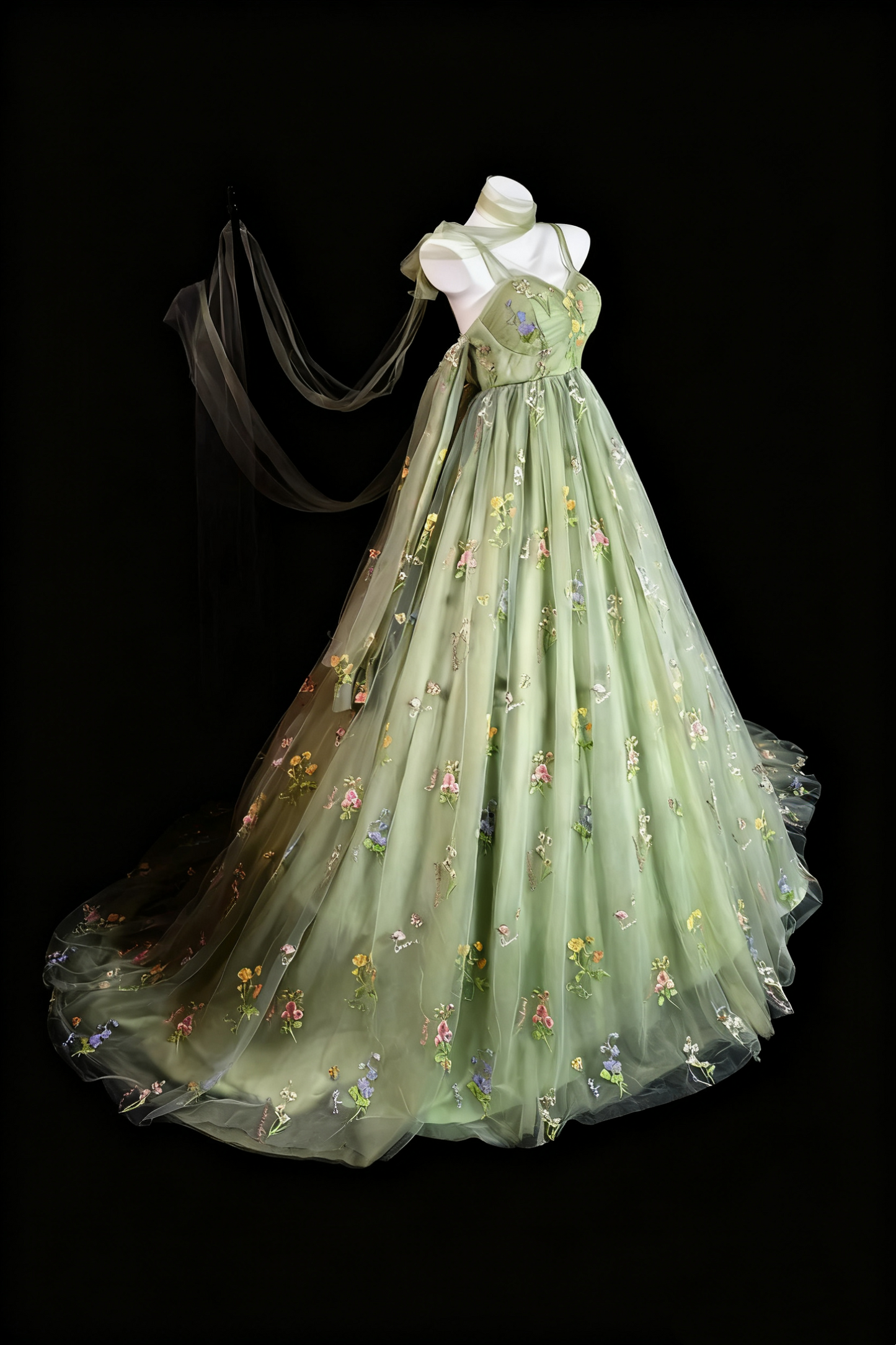 girlhomeshops-Grünes, zartes Ballkleid aus Tüll mit Blumenmuster gh6285