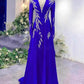 Robe longue à manches longues et traîne perlée bleu royal brillant gh6386