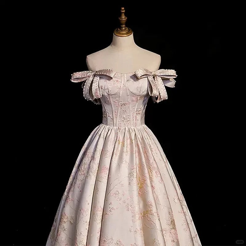 Girlhomeshops - Rosa, geblümtes, perlenbesetztes, langes, bodenlanges Ballkleid aus Satin mit Bindeband, gh5313