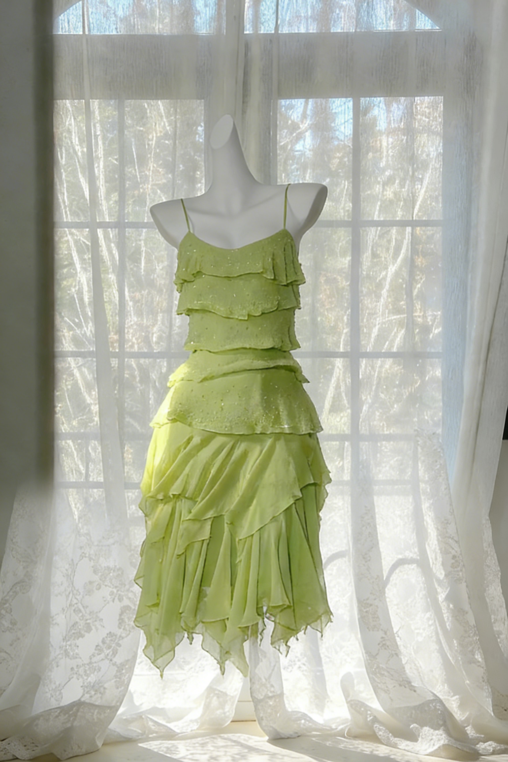 ✨Robe à sequins vert citron à volants - Robe de soirée asymétrique à bretelles fines gh6941