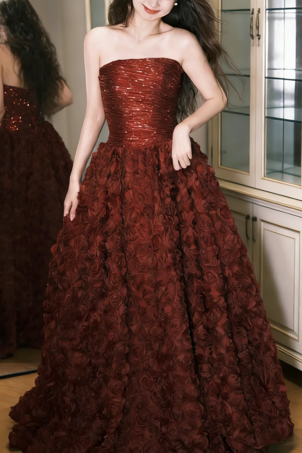 Robe bustier 3D Rose - Robe de bal plissée à sequins gh6947