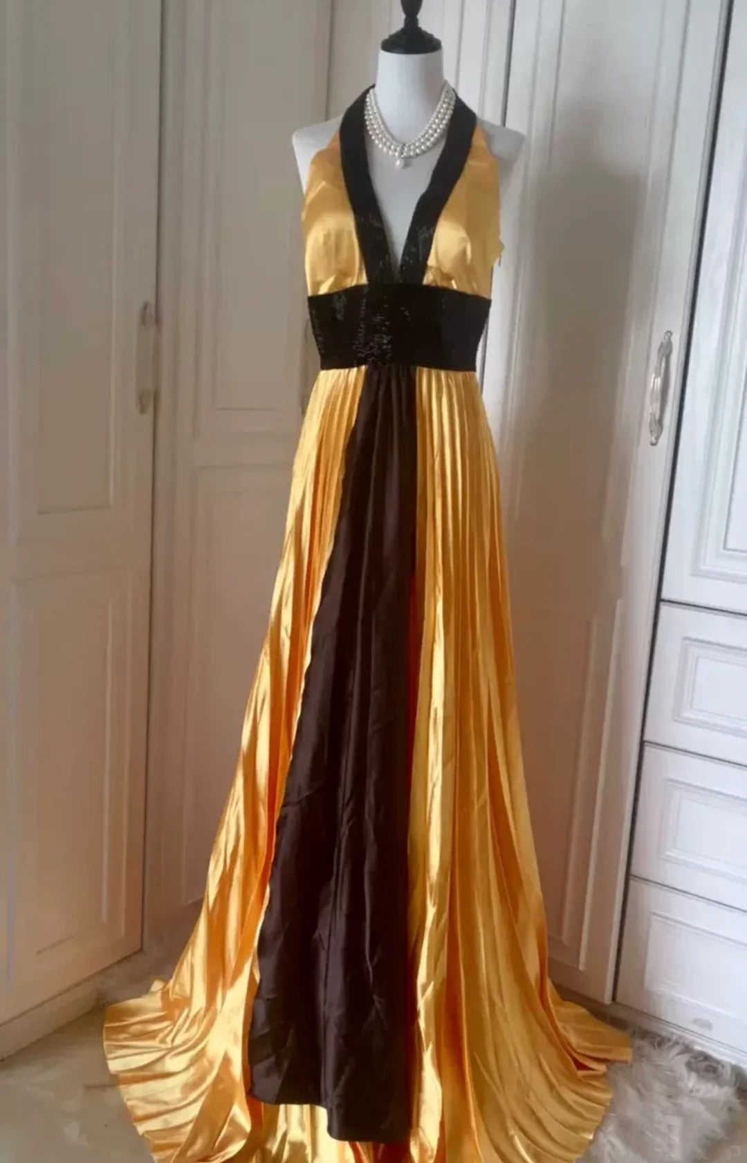 Robe de soirée longue en satin jaune à perles exquises, robe de bal tendance, gh4267