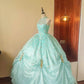 Girlhomeshops - Mintgrünes, glitzerndes, perlenbesetztes, florales, langes, bodenlanges Tüll-Ballkleid gh5300