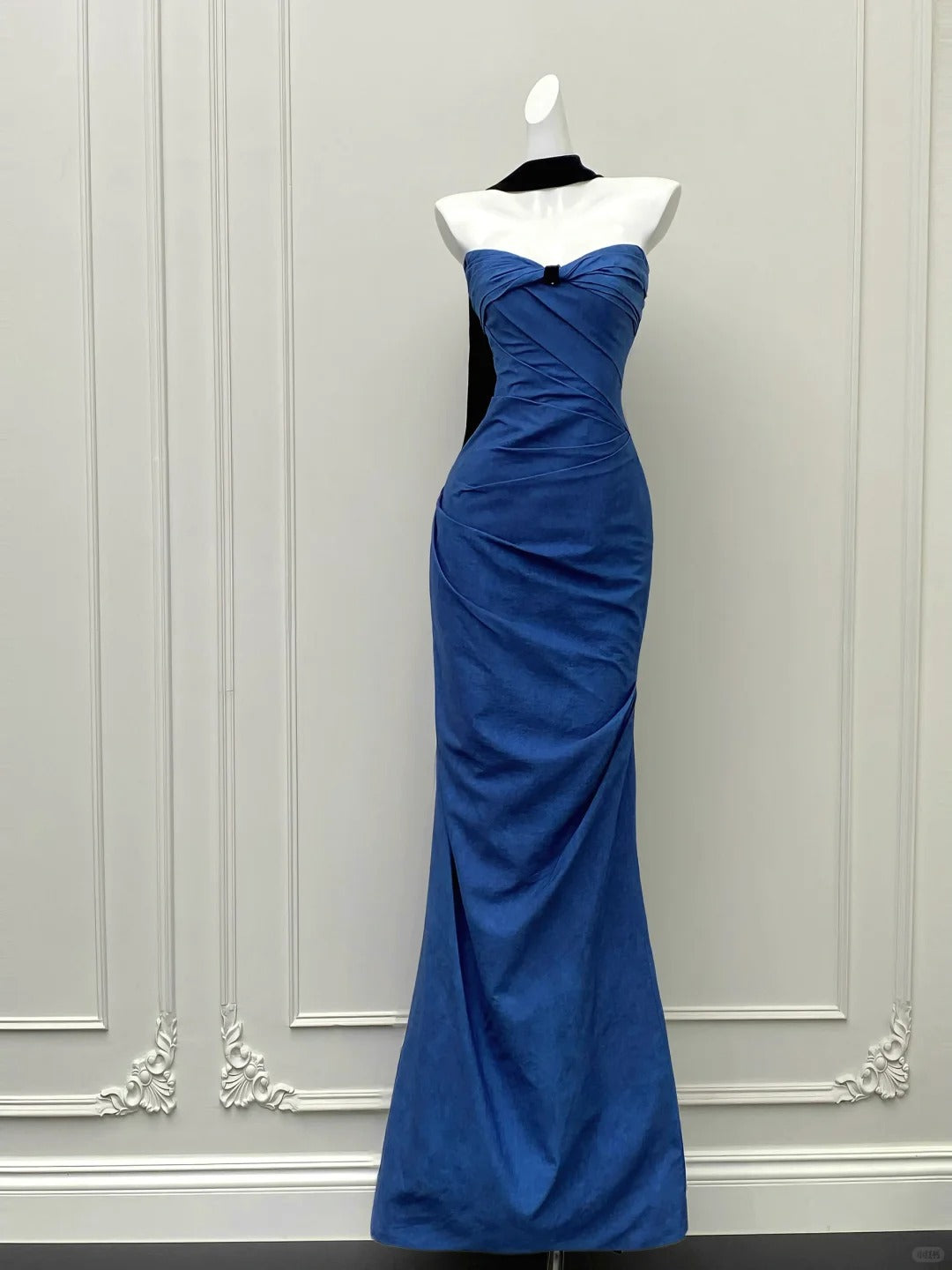 💙Blaues Tube-Top-Kleid, Retro-High-End-Ballkleid mit schwarzer Schleife, Abendkleid gh4328