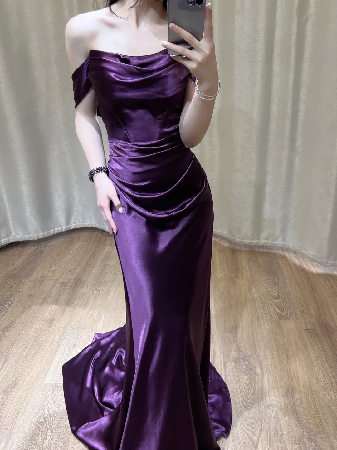 Lila Schöne Elegante Satin Lange Schlanke Bodenlangen Ballkleid Abendkleid Ballkleid gh4203