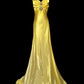 Robe de soirée élégante jaune à col en V et strass, longue sirène, jupe queue de poisson, en satin, longueur au sol, robe de bal, robe de soirée, gh3820