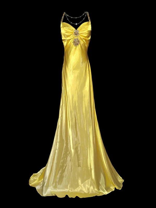 Robe de soirée élégante jaune à col en V et strass, longue sirène, jupe queue de poisson, en satin, longueur au sol, robe de bal, robe de soirée, gh3820
