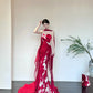 Rot Elegant Zarte Blumen Mode Elegante Lange Satin Tüll Meerjungfrau Slim Fit Bodenlangen Schleppendes Ballkleid Abendkleid Ballkleid gh3733