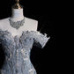 ✨💎Silberblau, luxuriös, Schwerindustrie, funkelnd, wunderschön, elegant, exquisite Perlenbesatz, atemberaubendes langes Meerjungfrauenkleid mit Pailletten, bodenlanges Schleppkleid, Ballkleid, Abendkleid, Hochzeitskleid, gh4114