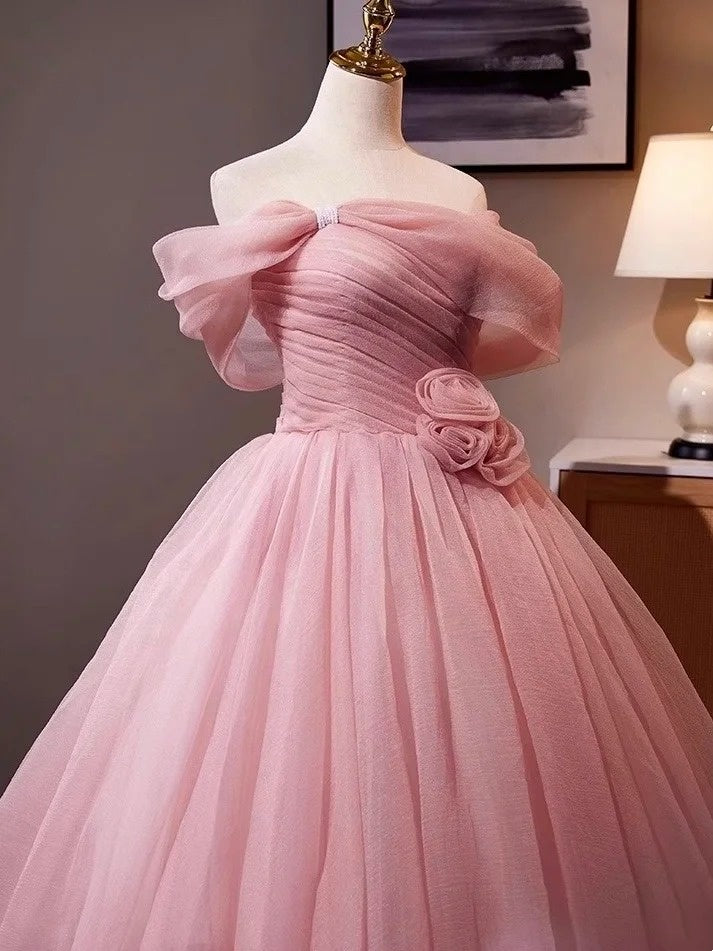Pink Rose – Schulterfreies 3D-Blumenballkleid mit Tüllschleppe, Prinzessinnenkleid gh7071