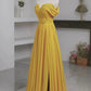 Off-the-Shoulder Ruched Chiffon Gown, Slit Flowy Elegant Dress gh7073