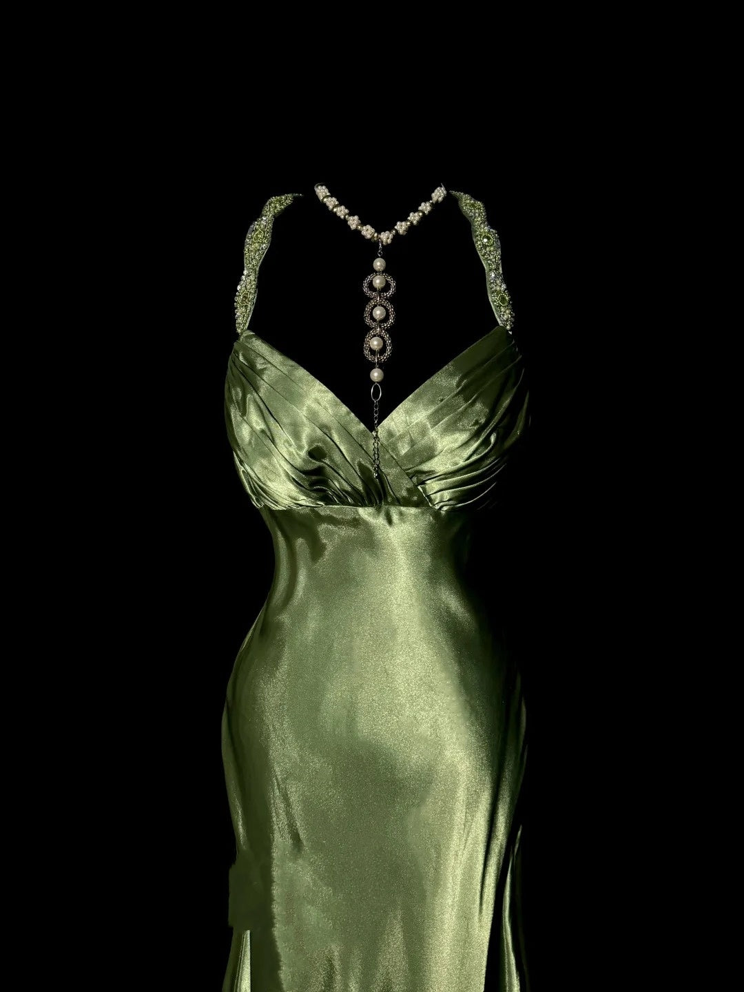 Robe de soirée longue en satin vert rétro, élégante et raffinée, avec bretelles perlées, longueur au sol, robe de bal, robe de remise de diplôme, gh4002