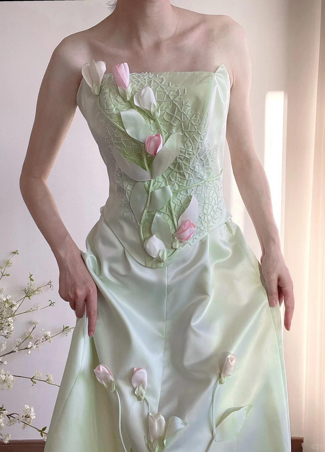 Girlhomeshops-🌷🌿Green tulip applique long satin floor-length Prom Dress evening dress gh5240