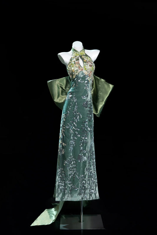 Robe de soirée longue en satin vert, élégante et exquise, avec perles et paillettes, style sirène, style cheongsam, robe de mariée, gh4132