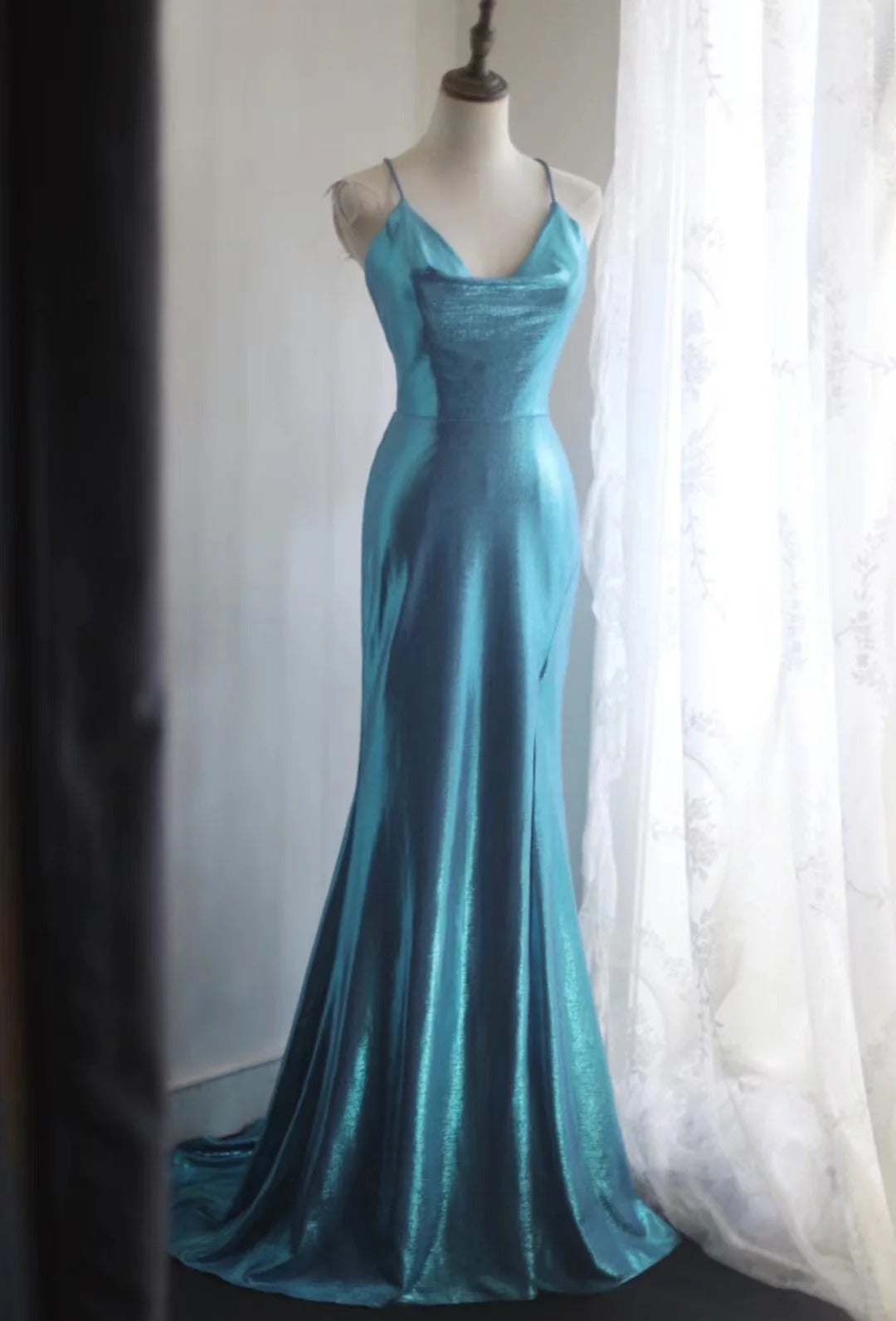 Blaues elegantes Satin-Lang-Meerjungfrauen-Schlankschnitt-Bodenlanges Ballkleid-Abendkleid-Abschlussballkleid gh4201