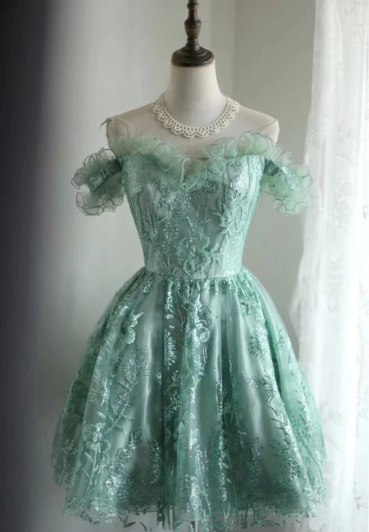 Green girl cute one shoulder flower bud print short princess dress adult birthday party homecoming dress gh4325