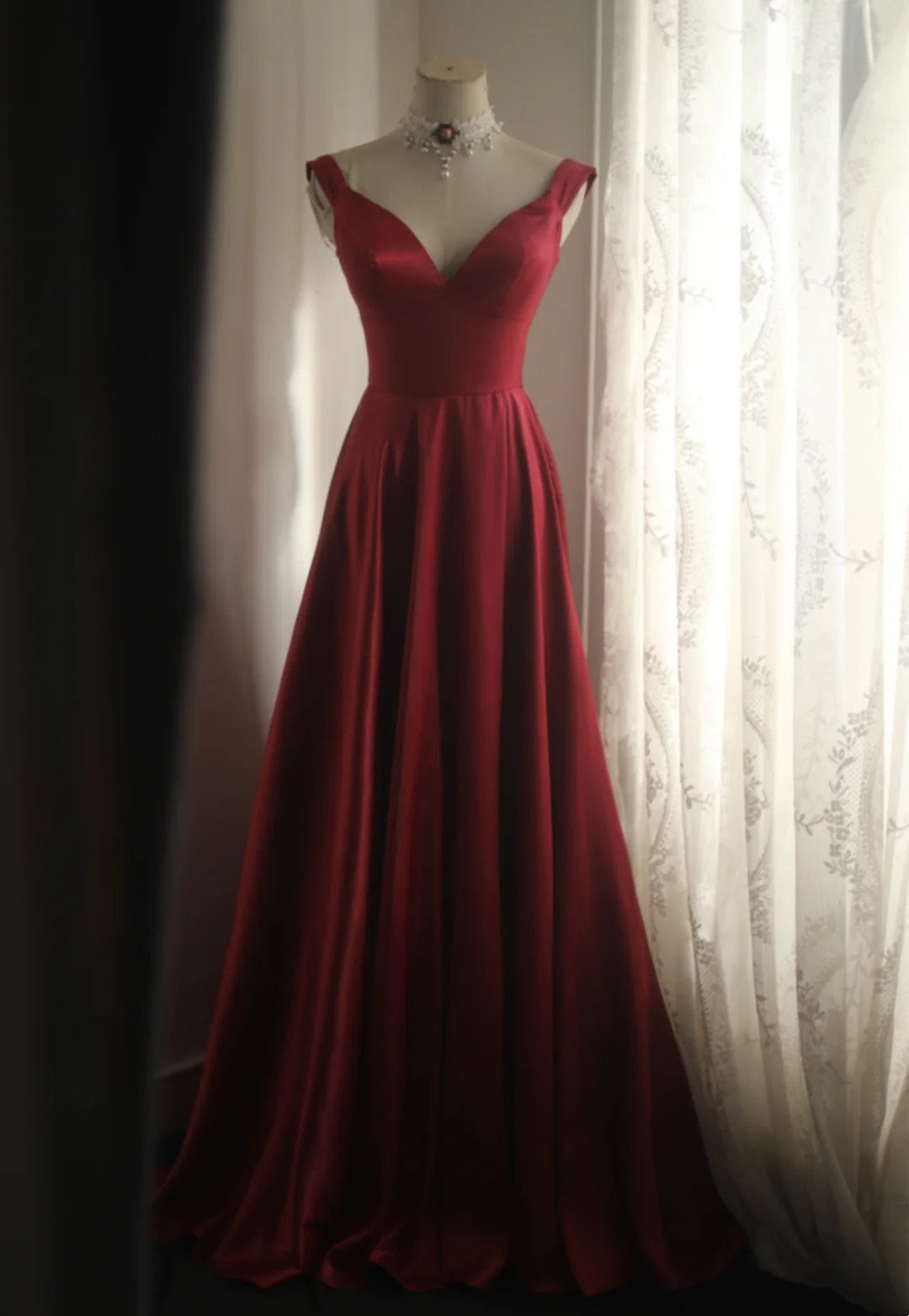 girlhomeshops-Sleeveless Wine - Red Satin A - line Floor - length Evening Dress gh5832