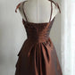 Brown retro palace puff short homecoming dress princess dress taffeta satin handmade beading adult ceremony birthday party gh4374