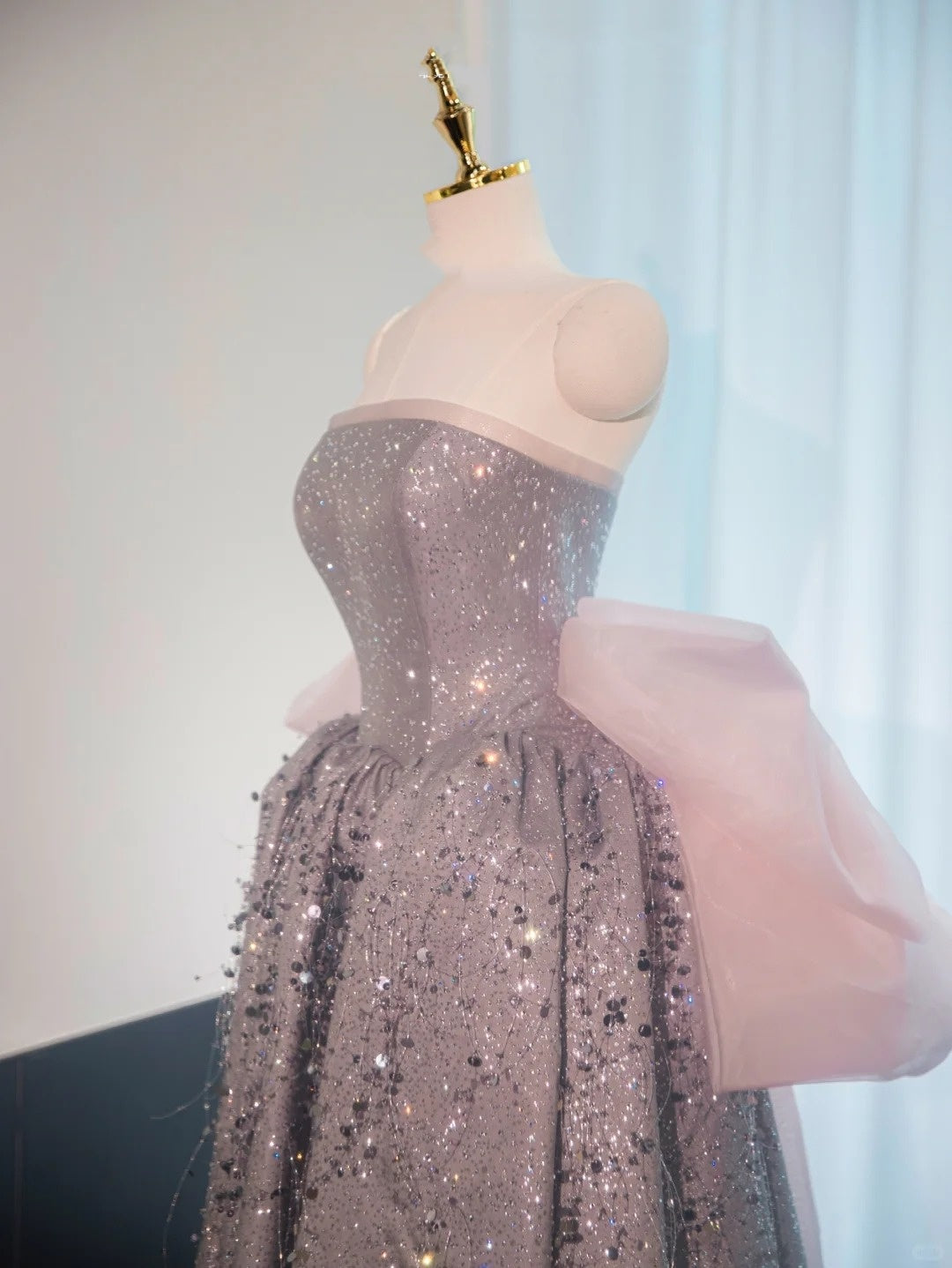 Silber wunderschöne glänzende rosa Schleife lange bodenlange Pailletten Ballkleid Abendkleid Abschlusskleid gh4552
