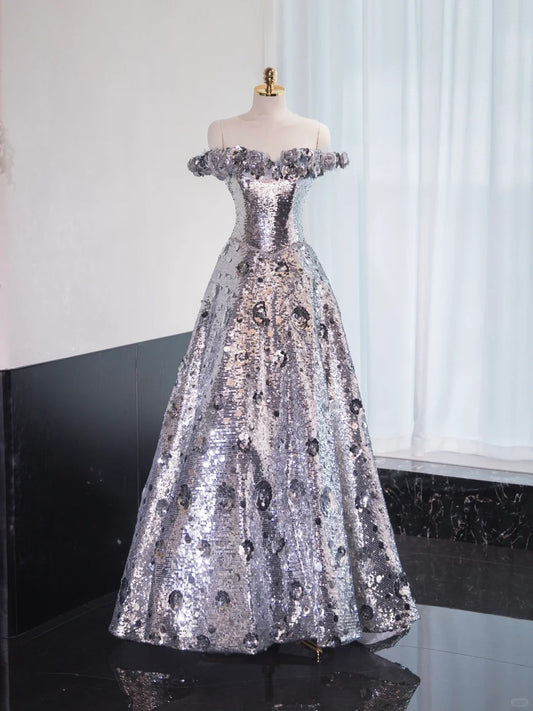 Silber wunderschöne glänzende lange bodenlange Pailletten Ballkleid Abendkleid Abschlusskleid gh4550