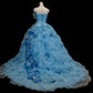 Girlhomeshops - Blaues, florales, modisches, wunderschönes, elegantes, langes Tüll-Ballkleid gh5322