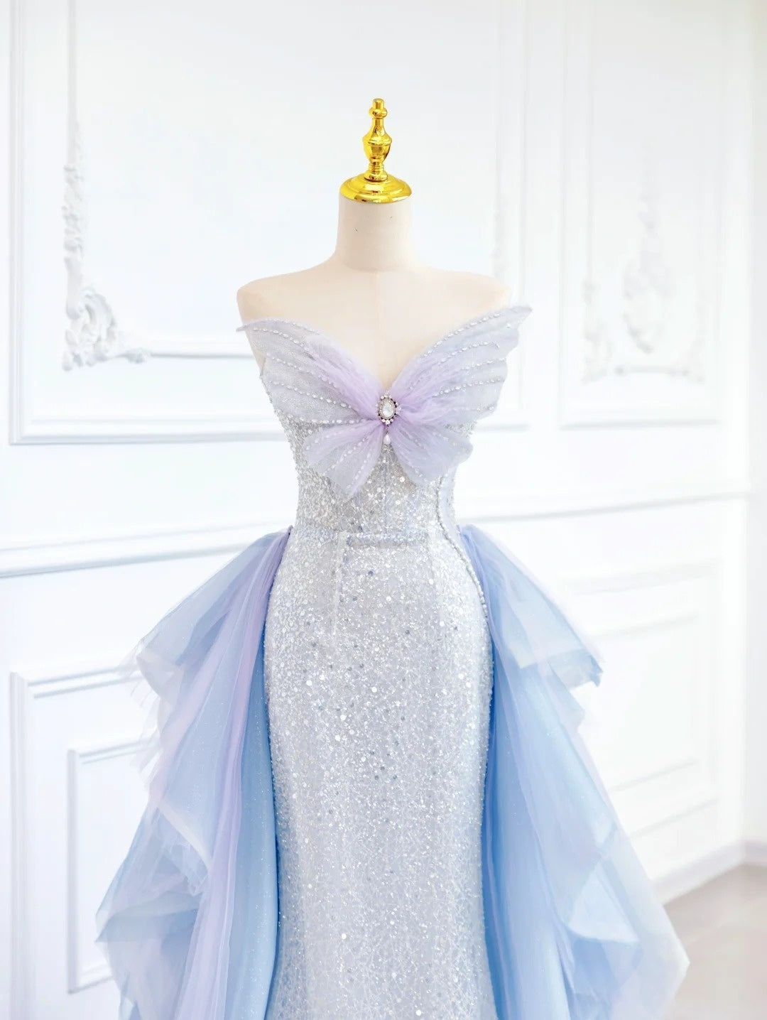 🦋Blauer Schmetterling, wunderschön glänzend, elegant, mit Pailletten besetzt, langes Meerjungfrau-Ballkleid aus Tüll, gh4272