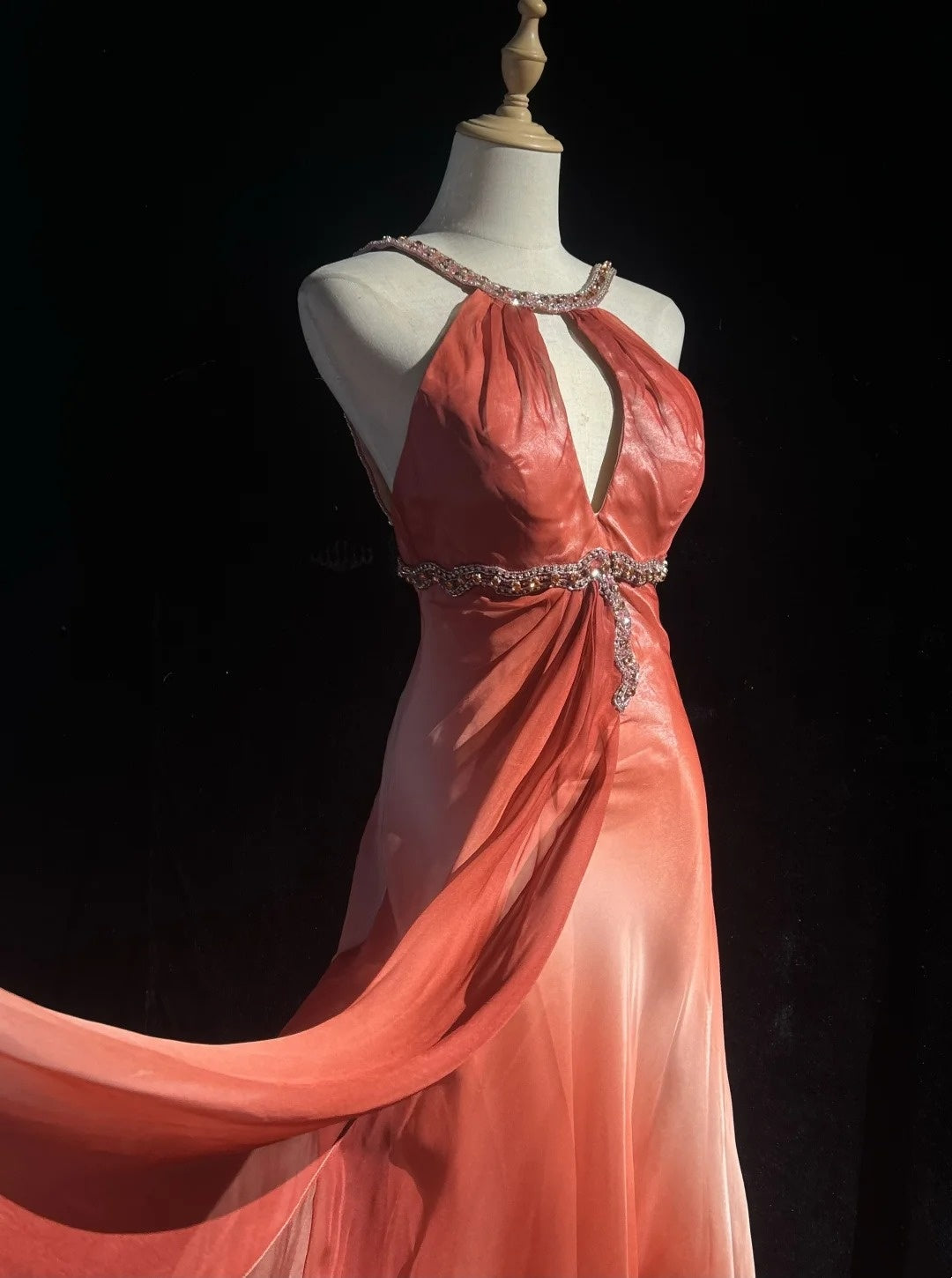 girlhomeshops - Robe de bal longue en mousseline orange élégante à dégradé de perles gh6246