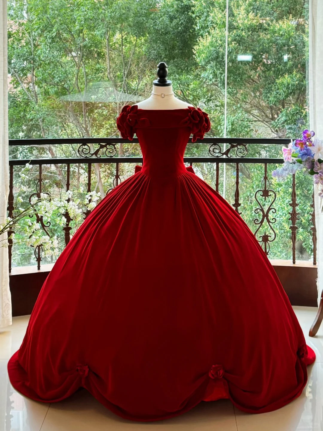 Girlhomeshops - Burgunderrot, elegant, Retro, lang, Samt, Quinceanera-Kleid, Ballkleid, Abschlussballkleid, Prinzessinnenkleid, gh5005