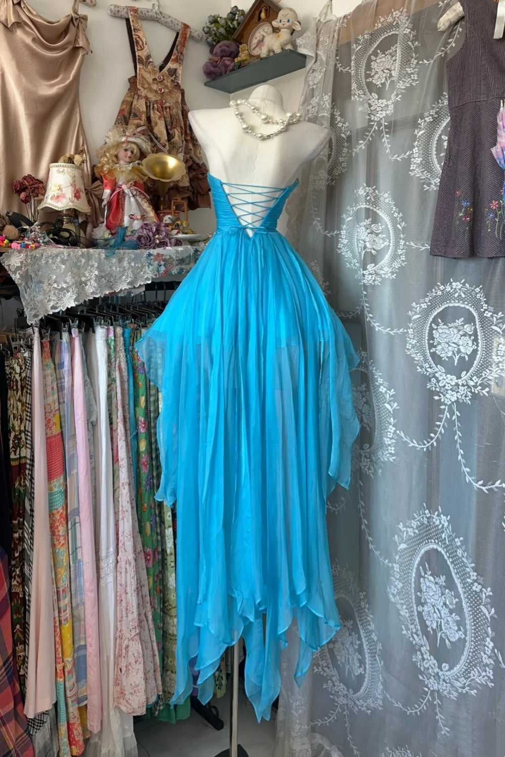 girlhomeshops-Blue sweetheart neckline short chiffon dress dress gh6127