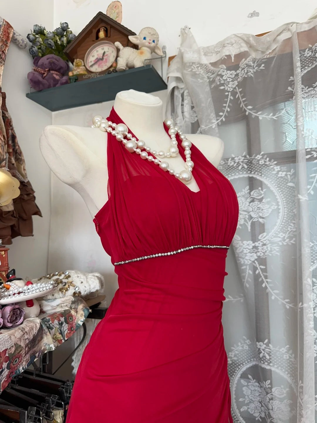 Girlhomeshops - Robe de bal longue en mousseline de soie, dos nu, style rétro, bretelles rouges, robe de fête d'anniversaire, gh5433