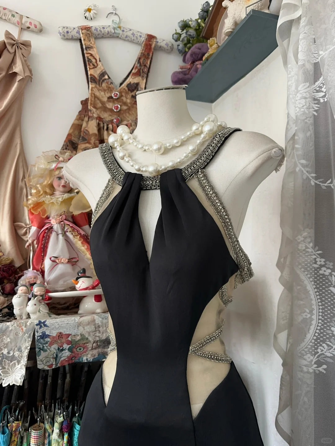 Robe de soirée sirène noire, longue et sexy, en satin, ajourée, gh4395