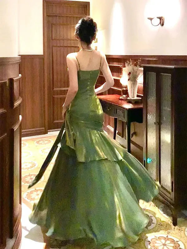 Robe de soirée longue à volants, style chic bordeaux/vert, gh4318
