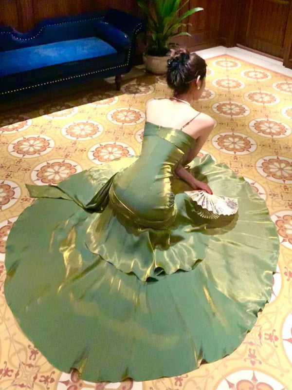 Robe de soirée longue à volants, style chic bordeaux/vert, gh4318