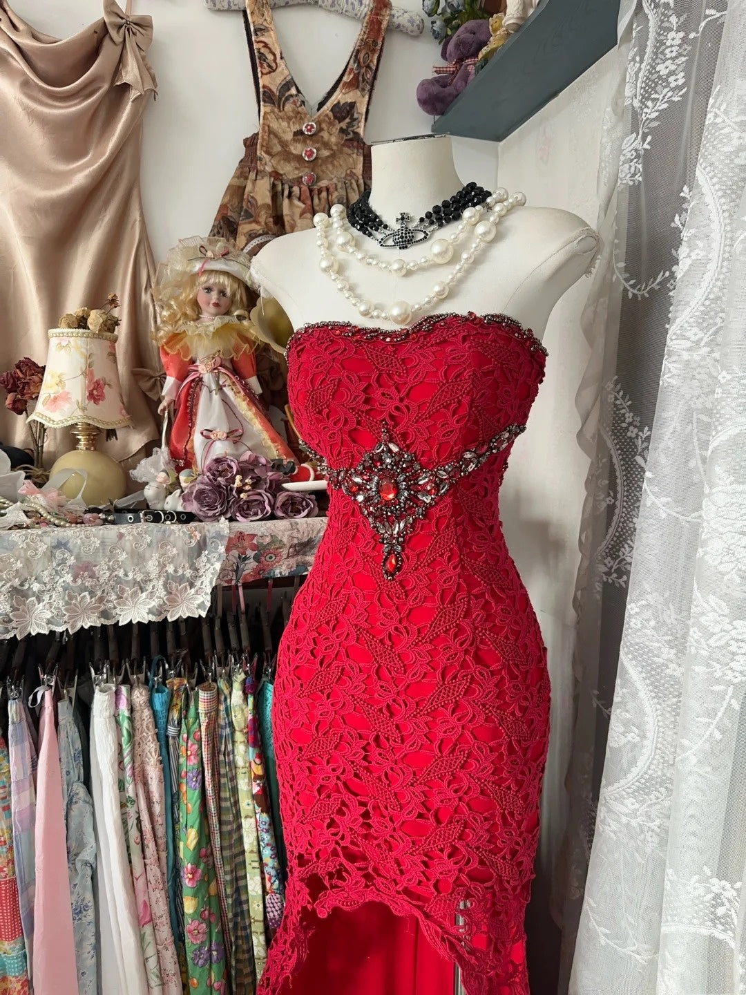 Robe de soirée longue sirène en dentelle rouge exquise gh6684